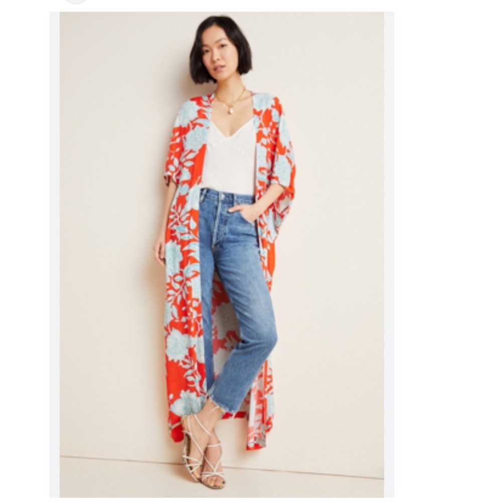 Bel Kazan Orange Blue Floral Duster Kimono Maxi Cardigan Rayon One Size OS